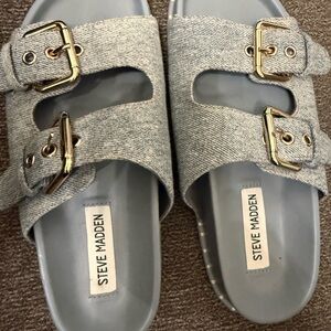 Steve Madden Denim Light Blue Double Buckle Slide Sandals with Gold Buckles